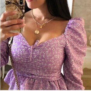 ZARA Lilac Floral Ruched Peplum Top , Size Medium NWT
